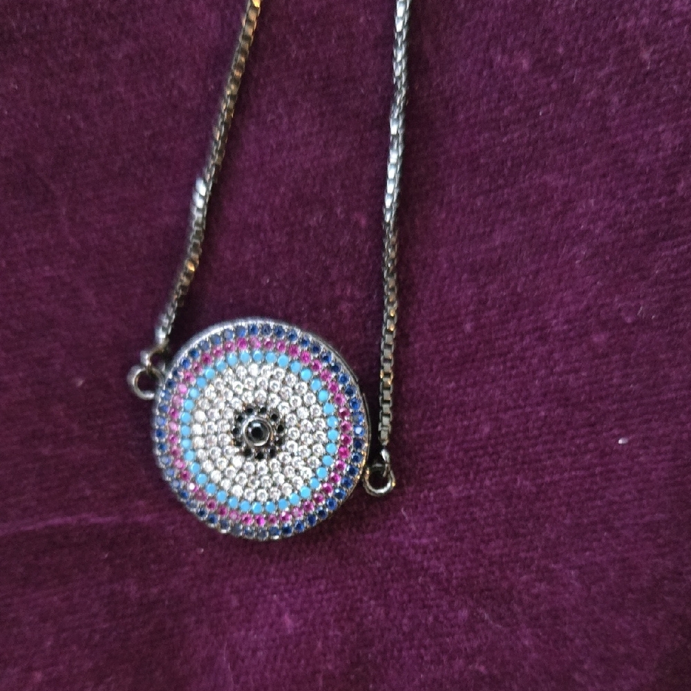 Evil Eye Bolo Rhodium Colored Bracelet with Multicolored Pave CZs